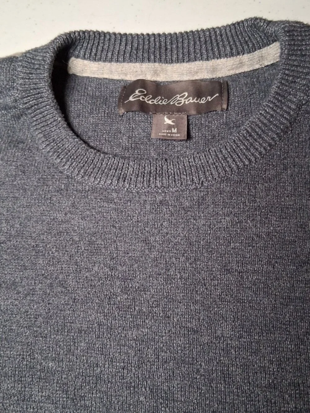 Eddie Bauer Sweater Men Medium Blue Pulllover Gray Retro Stripe Sleeve - Picture 11 of 14